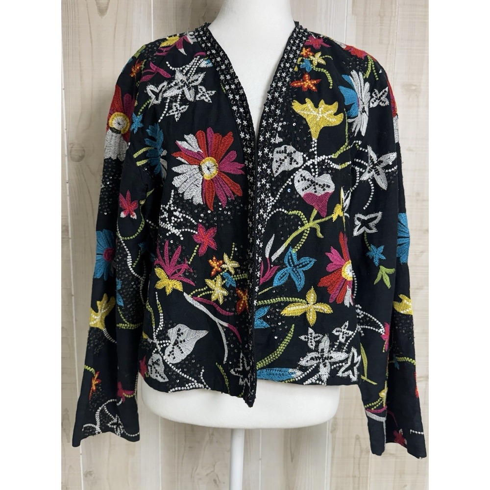 VTG Chico's Embroidered Floral Sequin Art Jacket Boho Open Front Cotton Size 2
